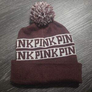 PINK Victoria's Secret Maroon Knit Pom Beanie with Logo